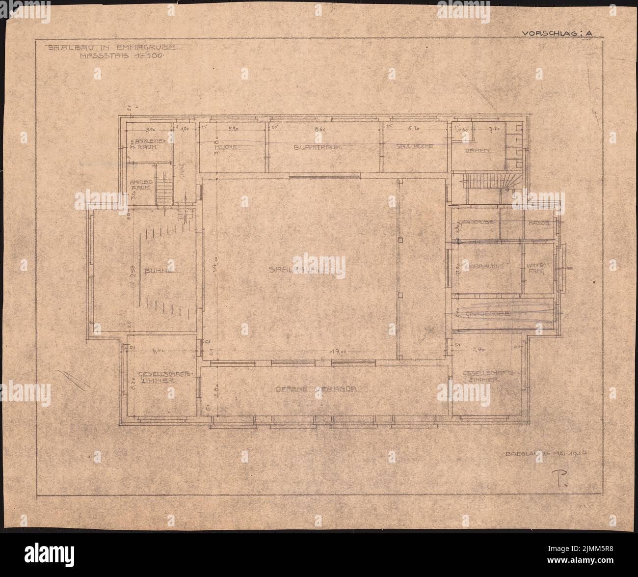 Poelzig Hans (1869-1936), Saalbau, Emmagrube (25. Mai 1914): Vorschlag A, Grundriß EG 1: 100. Leichter Bruch auf Papier, 41,3 x 49,5 cm (einschließlich Scankanten) Stockfoto