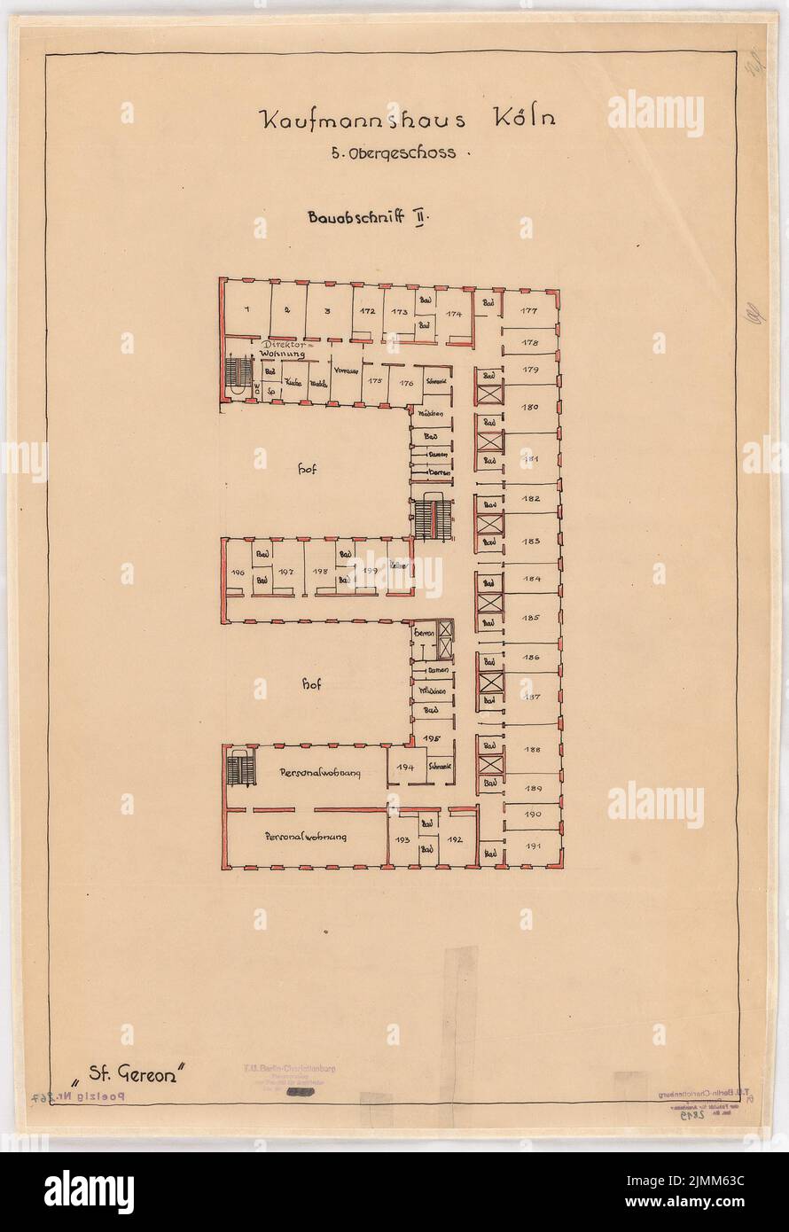 Poelzig Hans (1869-1936), Kaufmannshaus, Köln (ca. 1921): Bauphase II, Grundriß 5.. Tinte und Farbstift auf Transparent, 67,2 x 46,1 cm (inklusive Scankanten) Stockfoto