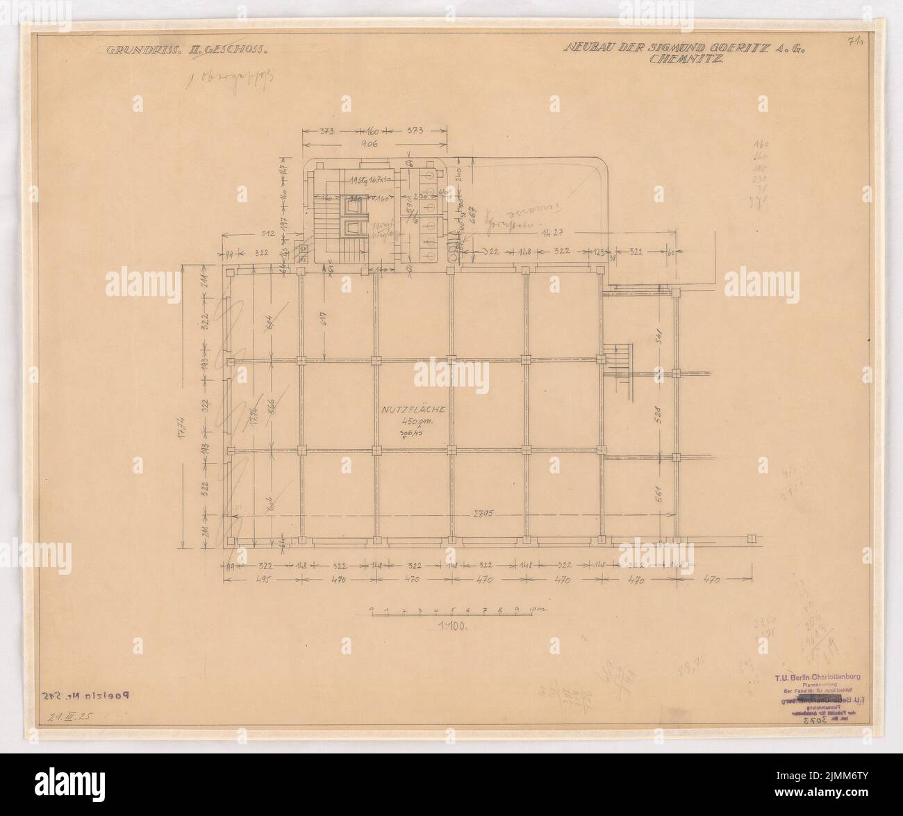 Poelzig Hans (1869-1936), Sigmund Goeritz AG, Chemnitz (21.03.1925): Projekt vom März 1925, Grundriß 2. OG 1: 100. Bleistift auf Transparent, 47 x 56,3 cm (einschließlich Scankanten) Stockfoto