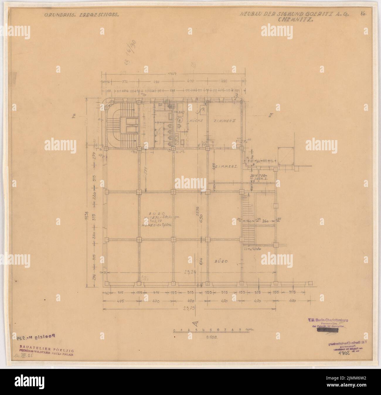 Poelzig Hans (1869-1936), Sigmund Goeritz AG, Chemnitz (14.08.1925): Projekt vom 14. August 1925, Grundriß 1: 100. Bleistift auf Transparent, 50,1 x 51,8 cm (einschließlich Scankanten) Stockfoto