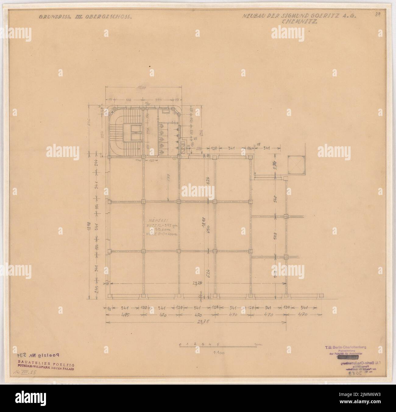 Poelzig Hans (1869-1936), Werk Sigmund Goeritz AG, Chemnitz (14.08.1925): Projekt vom 14. August 1925, Grundriß 3. OG 1: 100. Bleistift auf Transparent, 50,3 x 51,7 cm (einschließlich Scankanten) Stockfoto