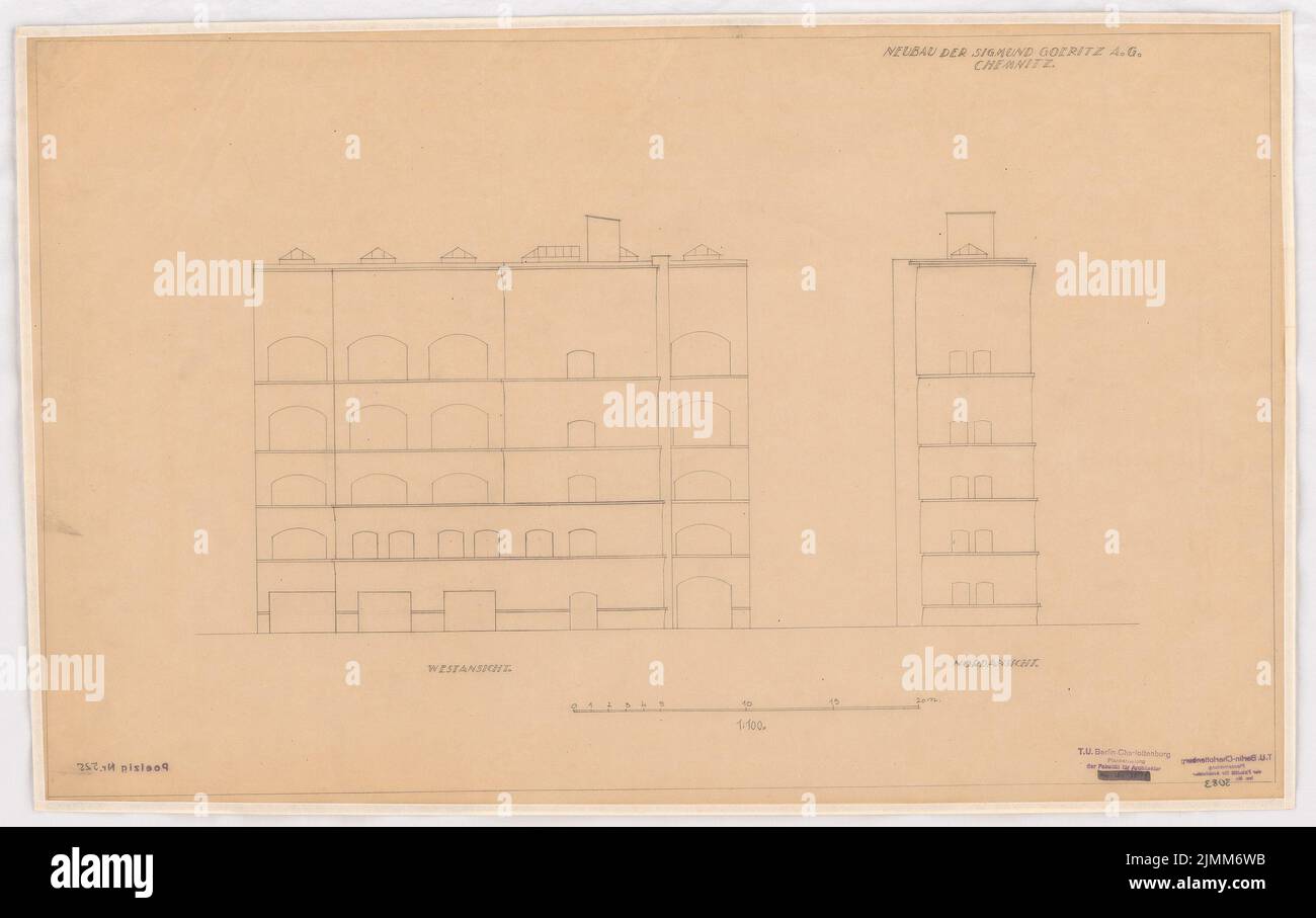 Poelzig Hans (1869-1936), Sigmund Goeritz AG, Chemnitz (21.03.1925): Projekt vom März 1925, Westansicht, Nordansicht 1: 100. Bleistift auf Transparent, 47,7 x 75,9 cm (einschließlich Scankanten) Stockfoto