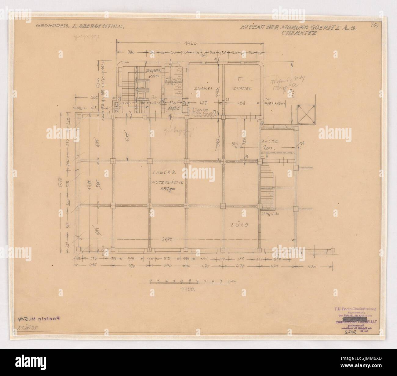 Poelzig Hans (1869-1936), Sigmund Goeritz AG, Chemnitz (21.03.1925): Projekt vom März 1925, Grundriß 1: 100. Bleistift auf Transparent, 44,6 x 50,8 cm (einschließlich Scankanten) Stockfoto