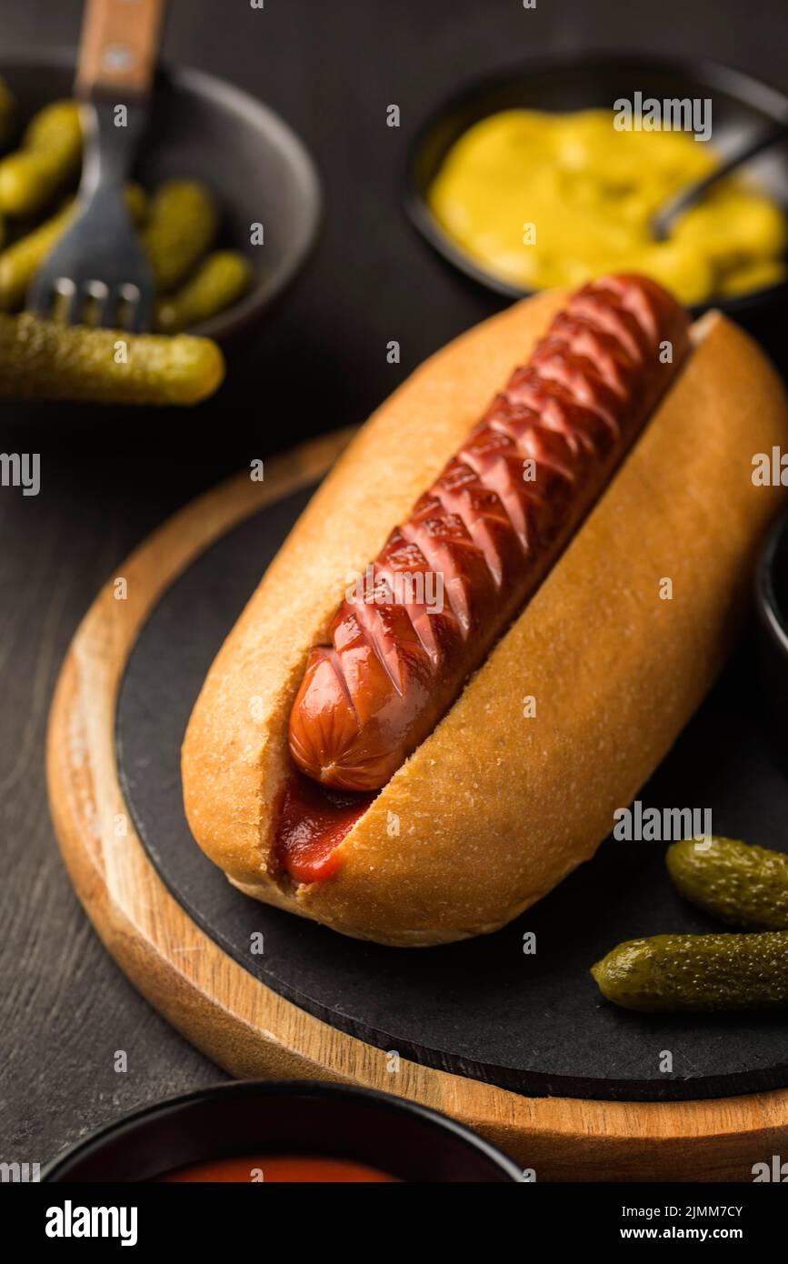 High Angle Delicious Hot Dog Stockfoto