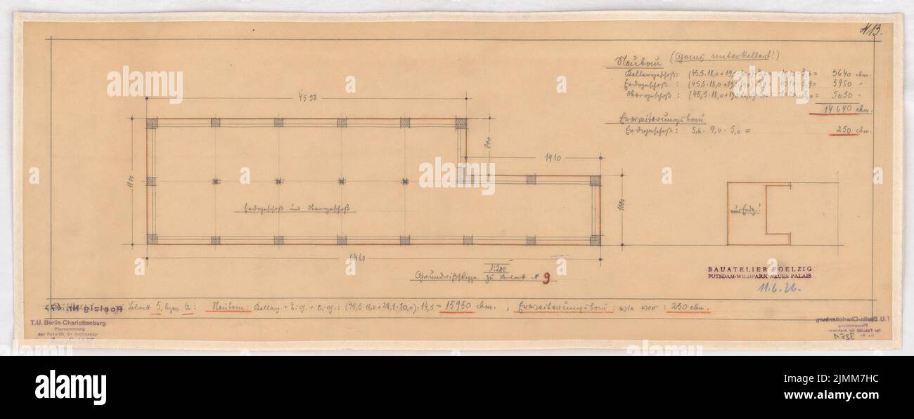 Poelzig Hans (1869-1936), Geschäfte im Zoo, Berlin. Umbau (11. Juni 1926): Grundriss EG, OG Neubau und EB 1: 200. Bleistift auf Transparent, 25,3 x 64,9 cm (einschließlich Scankanten) Stockfoto