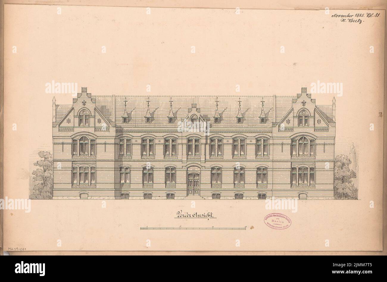 Butz Hermann (1855-1911), Bezirkskrankenhaus in Insterburg. Monatlicher Wettbewerb November 1885 (11,1885): Riß Street view; Scale bar. Tinte auf Karton, 37,5 x 56,9 cm (einschließlich Scankanten) Stockfoto