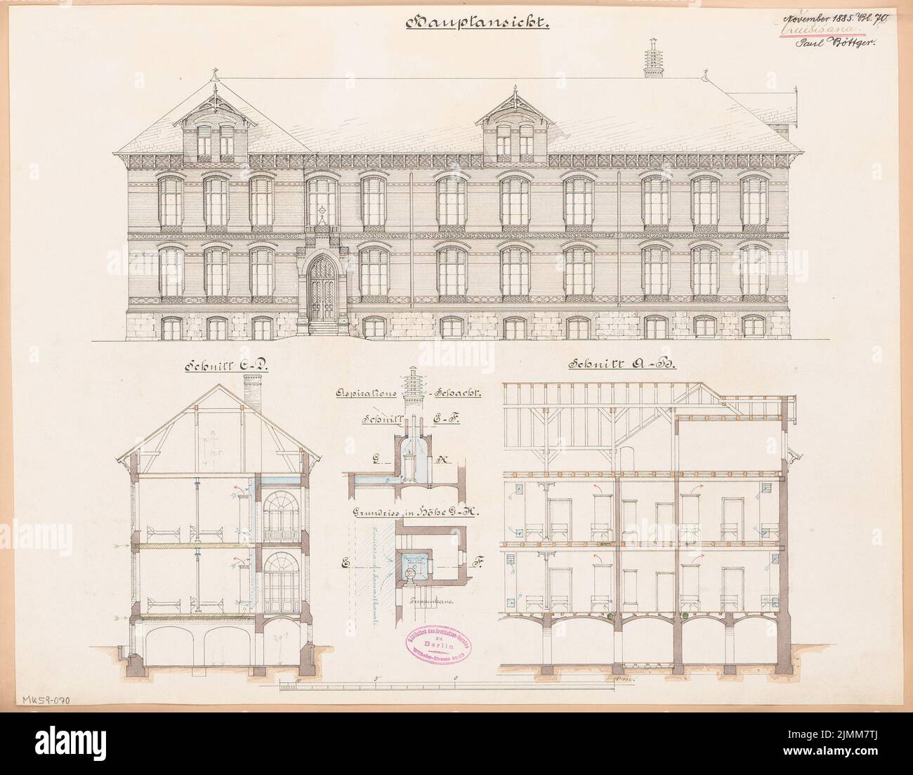 Böttger Paul (1851-1933), Bezirkskrankenhaus in Insterburg. Monatlicher Wettbewerb November 1885 (11,1885): Riß Straßenansicht, Längsschnitt, Querschnitt, Details; Maßstabsbalken. Tusche Aquarell auf Papier, 43,7 x 56 cm (einschließlich Scankanten) Stockfoto