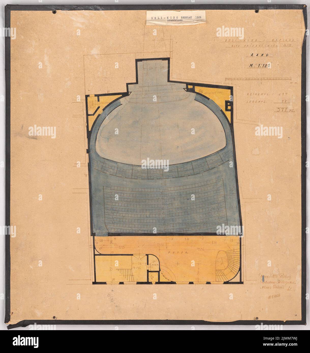 Poelzig Hans (1869-1936), Deli Light Games in Breslau (11. September 1926): Grundriß 1: 100. Leichtes Break-Aquarell auf der Schachtel, 55 x 51,6 cm (einschließlich Scankanten) Stockfoto