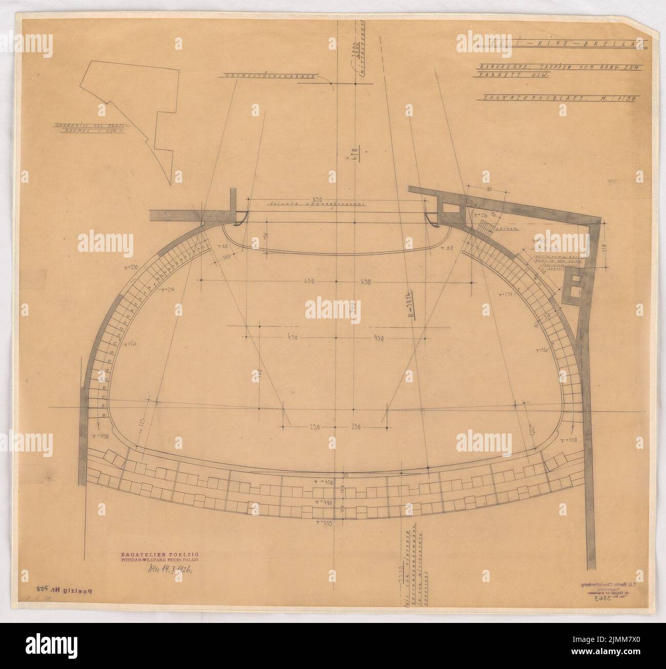 Poelzig Hans (1869-1936), Deli Light Games in Breslau (14. Oktober 1926): Grundriss-Rangfolge 1:50. Bleistift auf Transparent, 59,9 x 63,9 cm (einschließlich Scankanten) Stockfoto