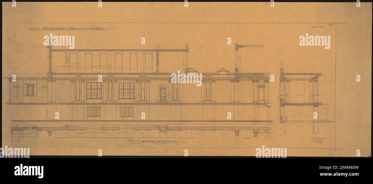 Messel Alfred (1853-1909), Geschäftshaus der Berliner Handelsgesellschaft, Berlin. Erweiterung (1905-1907): Wechselhalle: Längsschnitt 1:50. Bleistift auf Transparent, 60,8 x 143,6 cm (einschließlich Scankanten) Stockfoto