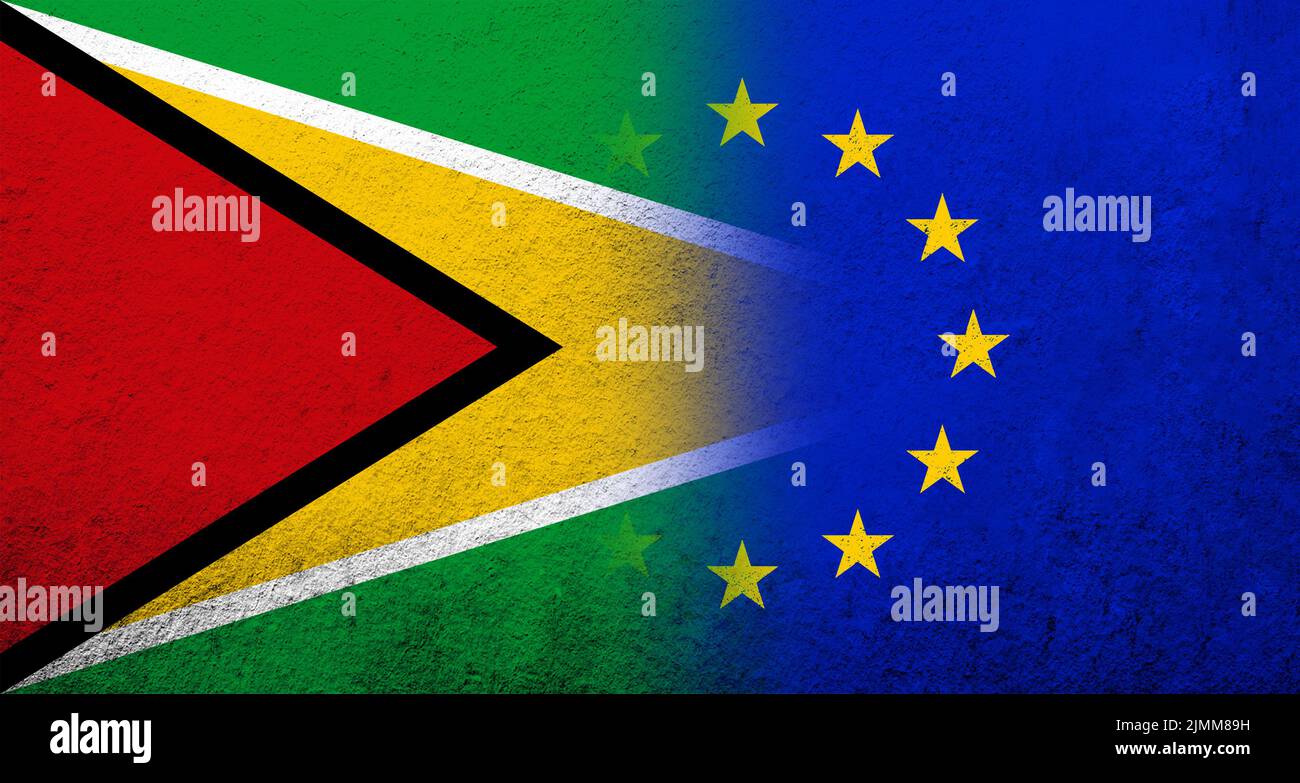 Flagge der Europäischen Union mit der Kooperativen Republik Guyana Nationalflagge. Grungen Hintergrund Stockfoto