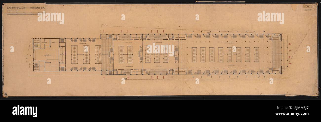 Poelzig Hans (1869-1936), Stadthalle Rostock (1934): Grundriss EG 1: 200. Bleistift und Farbstift auf Transparent, 67,9 x 217,2 cm (inklusive Scankanten) Stockfoto