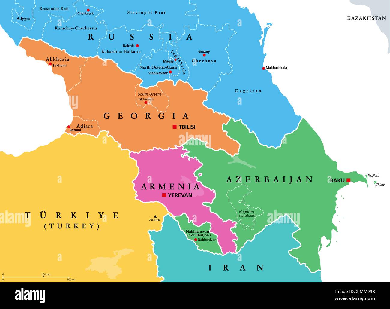 Kaukasus, Kaukasus, Kolorierte politische Landkarte. Region zwischen dem Schwarzen und dem Kaspischen Meer, hauptsächlich von Armenien, Aserbaidschan, Georgien und Südrussland besetzt. Stockfoto