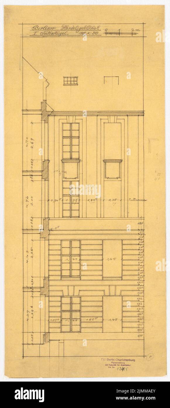 Messel Alfred (1853-1909), Geschäftshaus der Berliner Handelsgesellschaft, Berlin. Erweiterung (1905-1907), 1. Seitenflügel: Fassadenprofil 1:50, Bleistift auf Transparent, TU UB Plan Collection Inv. Nr. 12415 Stockfoto