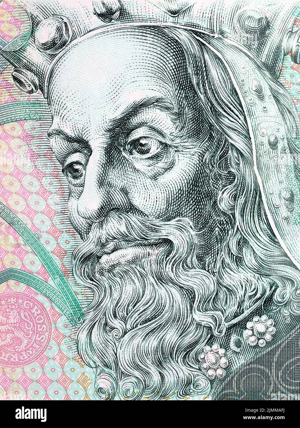 Karl IV., Porträt des Heiligen Römischen Imperators aus dem tschechischen Geld - Koruna Stockfoto