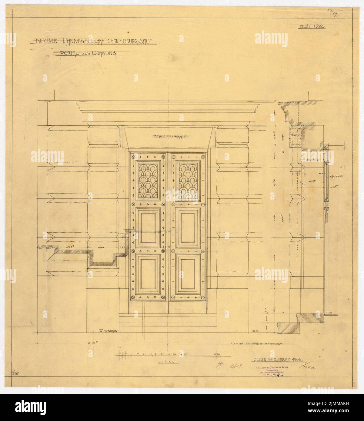 Messel Alfred (1853-1909), Geschäftshaus der Berliner Handelsgesellschaft, Berlin. Erweiterung (05.01.06), Wohnungsportal, 1:10, Bleistift auf transparent, TU UB Plan Collection Inv. Nr. 12434 Stockfoto