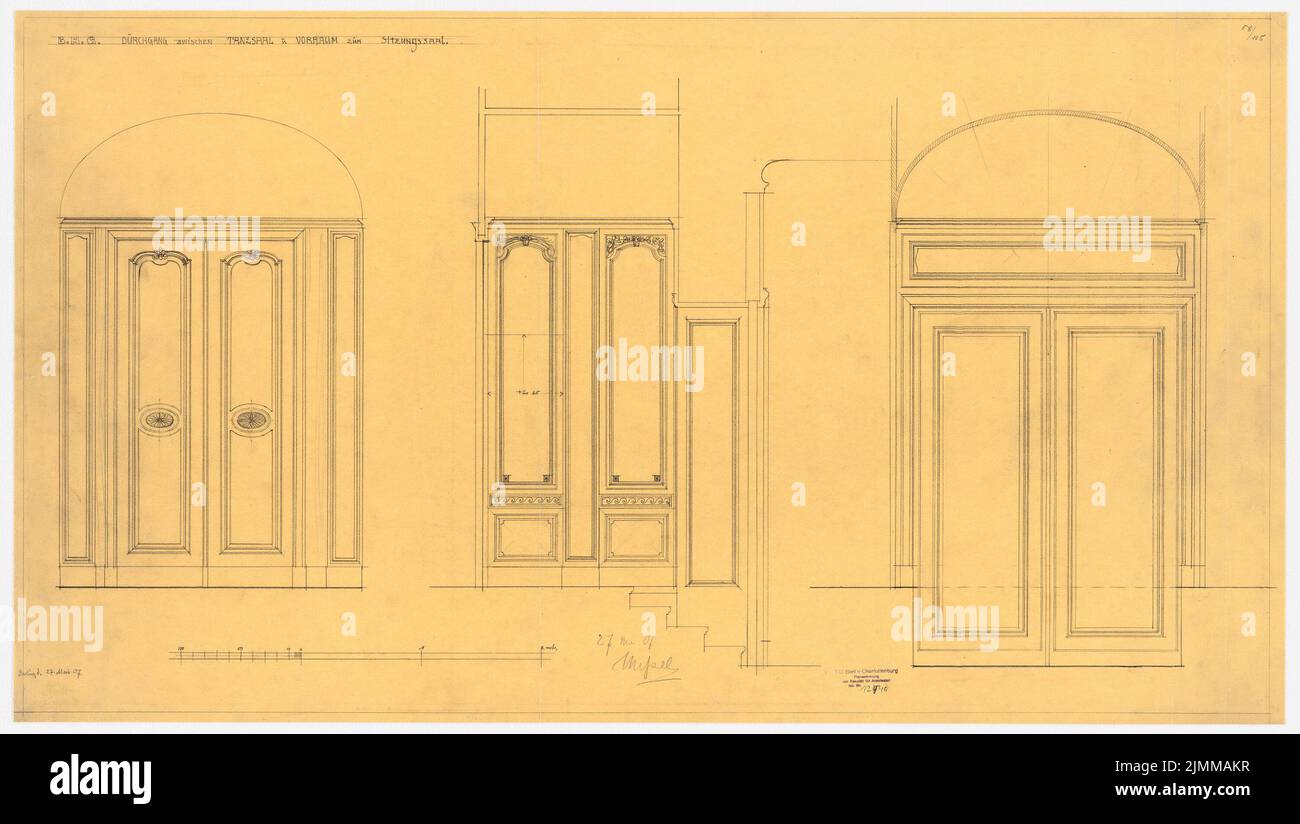 Messel Alfred (1853-1909), Geschäftshaus der Berliner Handelsgesellschaft, Berlin. Erweiterung (27.11.1907), Tanzsaaltüren, Bleistift auf Transparent, TU UB Plan Collection Inv. Nr. 12440 Stockfoto