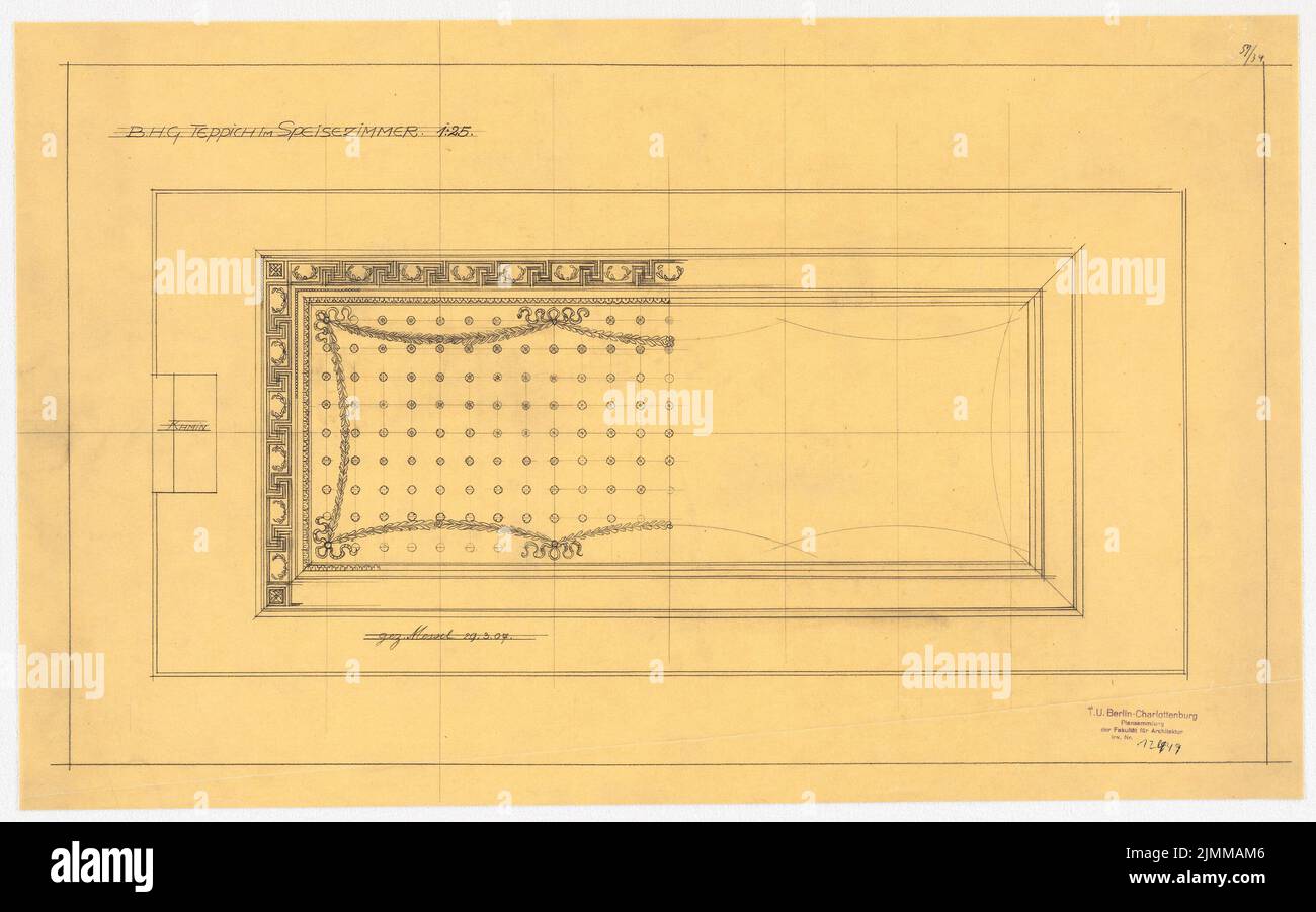 Messel Alfred (1853-1909), Geschäftshaus der Berliner Handelsgesellschaft, Berlin. Erweiterung (29.03.1907), Esszimmer: Teppiche, Bleistift auf Transparent, Sammlung TU UB Plan Inv. Nr. 12449 Stockfoto