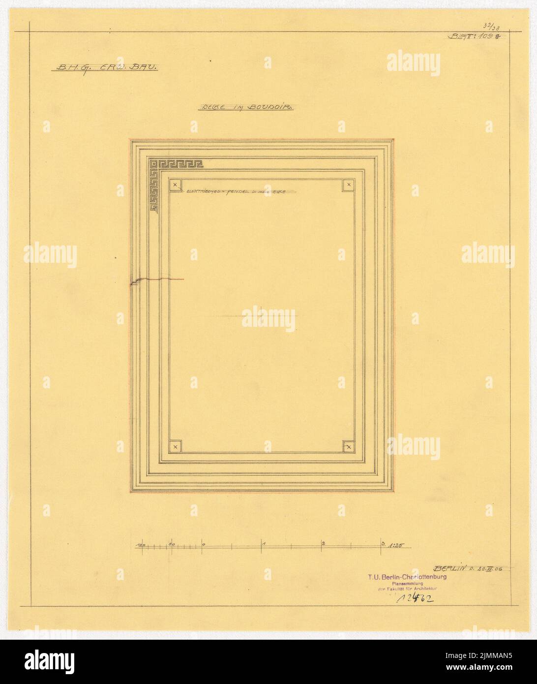 Messel Alfred (1853-1909), Geschäftshaus der Berliner Handelsgesellschaft, Berlin. Expansion (20.12.1906), Boudoir-Decke 1:25, Bleistift, Buntstift auf Transparent, TU UB Plan Collection Inv. Nr. 12462 Stockfoto