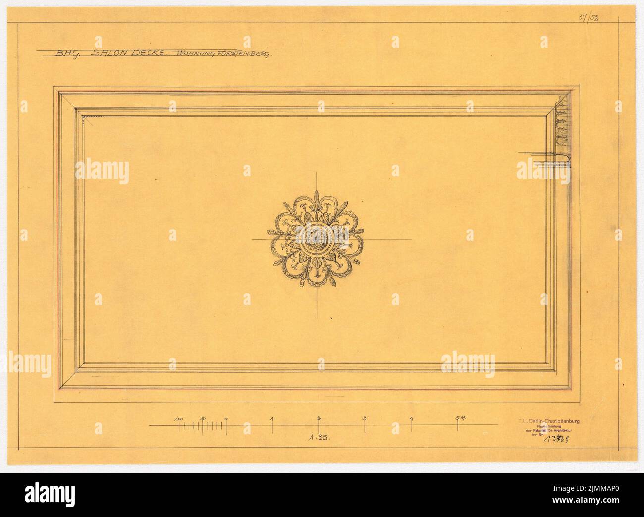 Messel Alfred (1853-1909), Geschäftshaus der Berliner Handelsgesellschaft, Berlin. Erweiterung (1905-1907), Salondecke 1:25, Bleistift, Buntstift auf Transparent, TU UB Plan Collection Inv. Nr. 12468 Stockfoto