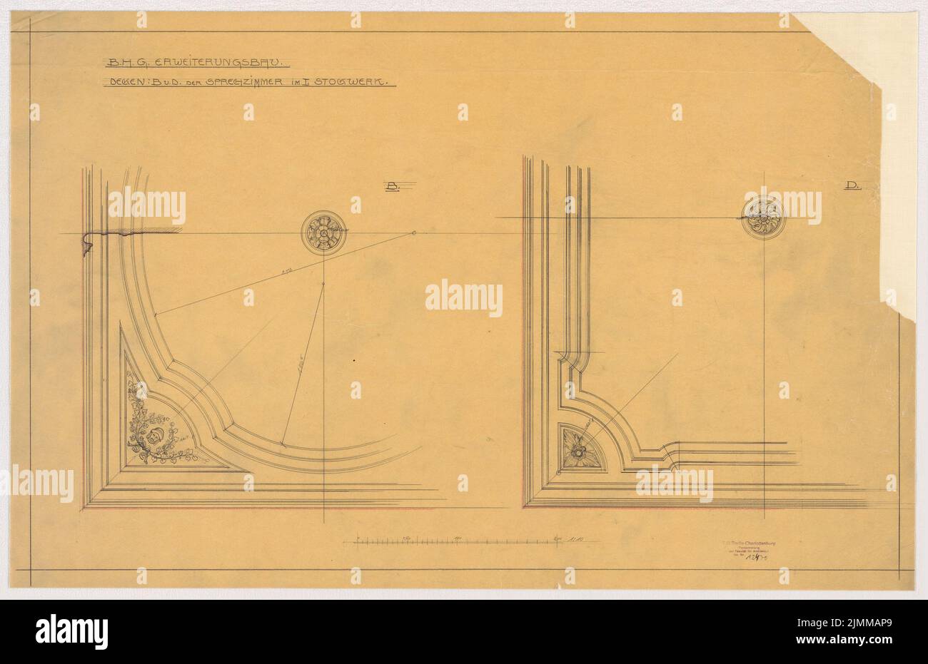 Messel Alfred (1853-1909), Geschäftshaus der Berliner Handelsgesellschaft, Berlin. Erweiterung (1905-1907), Sprechzimmerdecke 1. Stock 1:10, Bleistift, Buntstift auf Transparent, TU UB Plan Collection Inv. Nr. 12470 Stockfoto