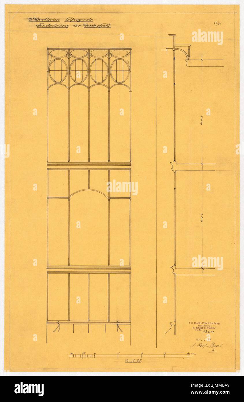 Messel Alfred (1853-1909), Wertheim, Leipziger Straße, Berlin. 1. Bauphase (10.05.1904), Fenster: Ansicht, Schnitt, 1:25, Bleistift auf Transparent, Inv. Der TU UB-Plansammlung Nr. 12601 Stockfoto