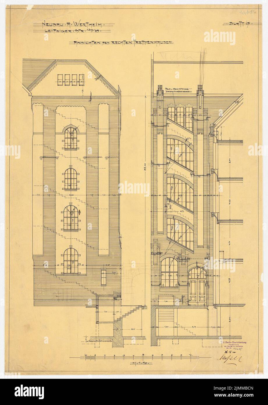 Messel Alfred (1853-1909), Wertheim, Leipziger Straße, Berlin. 2. Bauphase (26.02.1900), rechte Treppe: 2 Ansichten, 1:50, Tusche, Bleistift auf Transparent, TU UB Plan Collection Inv. Nr. 12625 Stockfoto