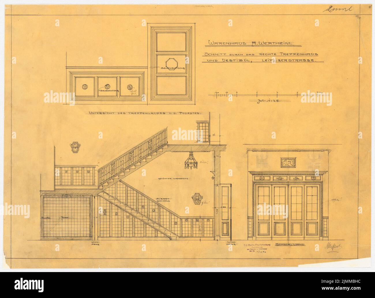 Messel Alfred (1853-1909), Wertheim, Leipziger Straße, Berlin. 2. Bauphase (1899-1900), Schnitte durch Treppenhaus und Vestibül, 1:25, Bleistift auf Transparent, TU UB Plan Collection Inv. Nr. 12646 Stockfoto