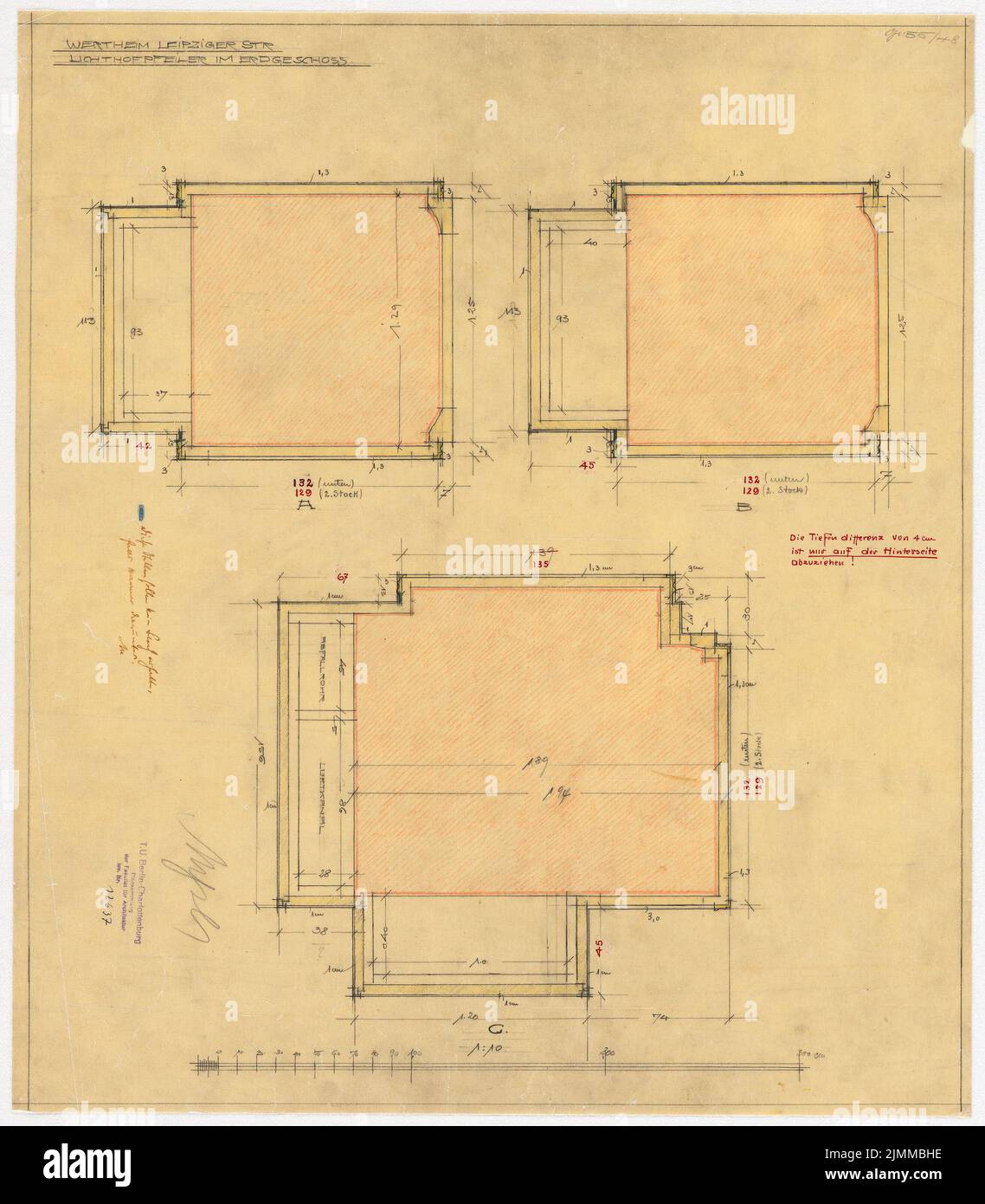 Messel Alfred (1853-1909), Wertheim, Leipziger Straße, Berlin. 2. Bauphase (1899-1900), Atriumsäule, 1:10, Bleistift, Buntstift, Tinte auf transparentem, TU UB Plan Collection Inv. Nr. 12637 Stockfoto