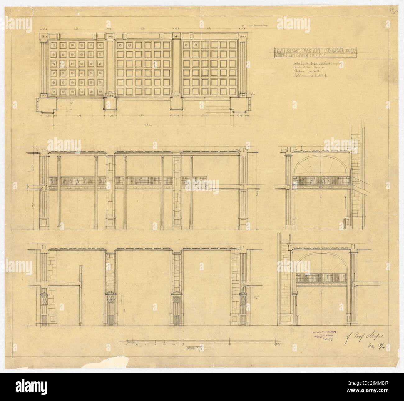 Messel Alfred (1853-1909), Wertheim, Leipziger Straße, Berlin. 2. Bauphase (April 14.), großer Vorhof: Wandansichten, 1:50, Bleistift auf Transparent, TU UB Plan Collection Inv. Nr. 12643 Stockfoto