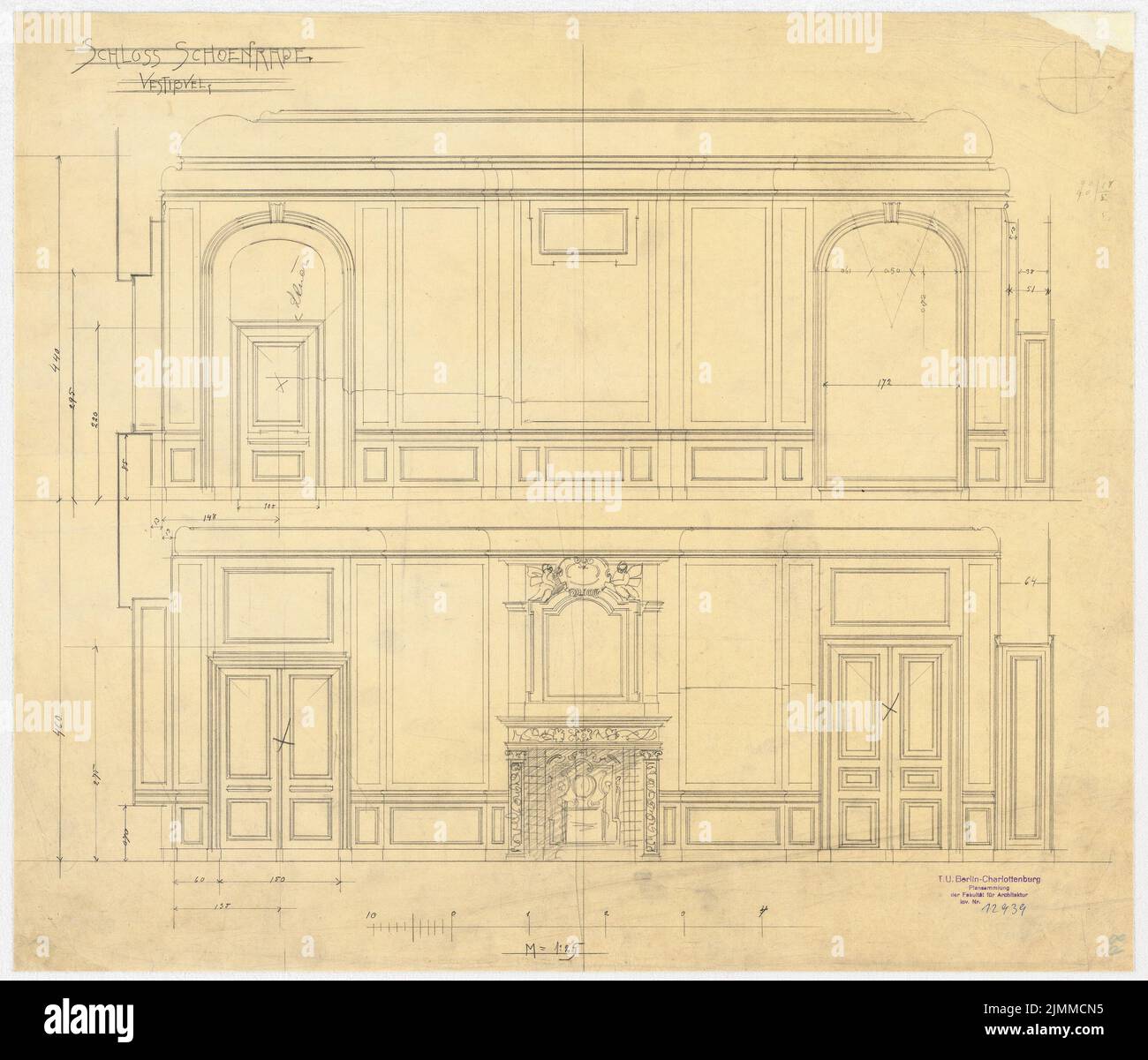 Messel Alfred (1853-1909), Gutshaus Wedemeyer, Schönrade (1897), Vestibül: Wall views 1:25, Bleistift auf Transparent, TU UB Plan Collection Inv. Nr. 12939 Stockfoto