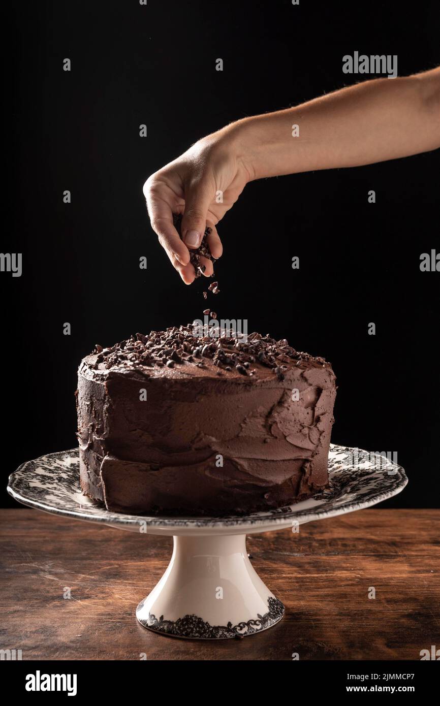 Vorderansicht Schokoladenkuchen Konzept Stockfoto