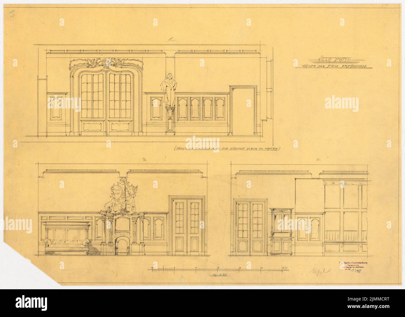 Messel Alfred (1853-1909), Villa Dotti, Berlin-Grunewald (1898-1898), Wandansichten Erdgeschoss 1:25, Bleistift auf Transparent, TU UB Plan Collection Inv. Nr. 12958 Stockfoto