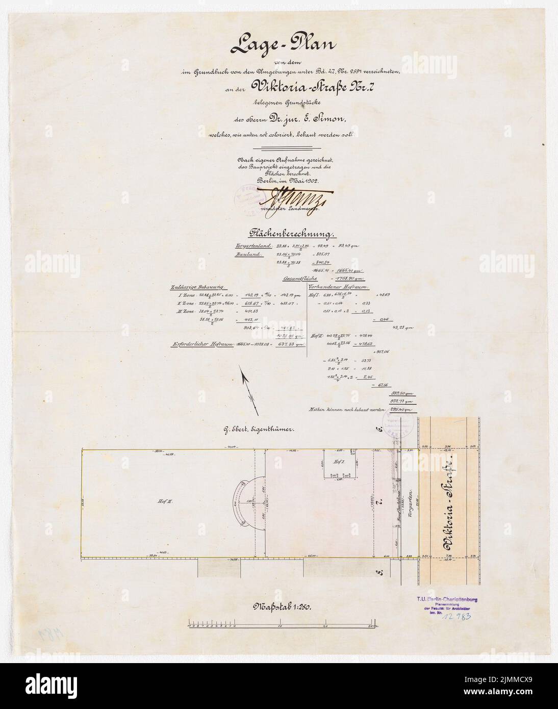 Messel Alfred (1853-1909), Wohnhaus Dr. E. Simon, Berlin (1902-1902), Lageplan mit Flächenberechnung 1: 250, Tusche Aquarell auf transparent, TU UB Plansammlung Inv. Nr. 12983 Stockfoto