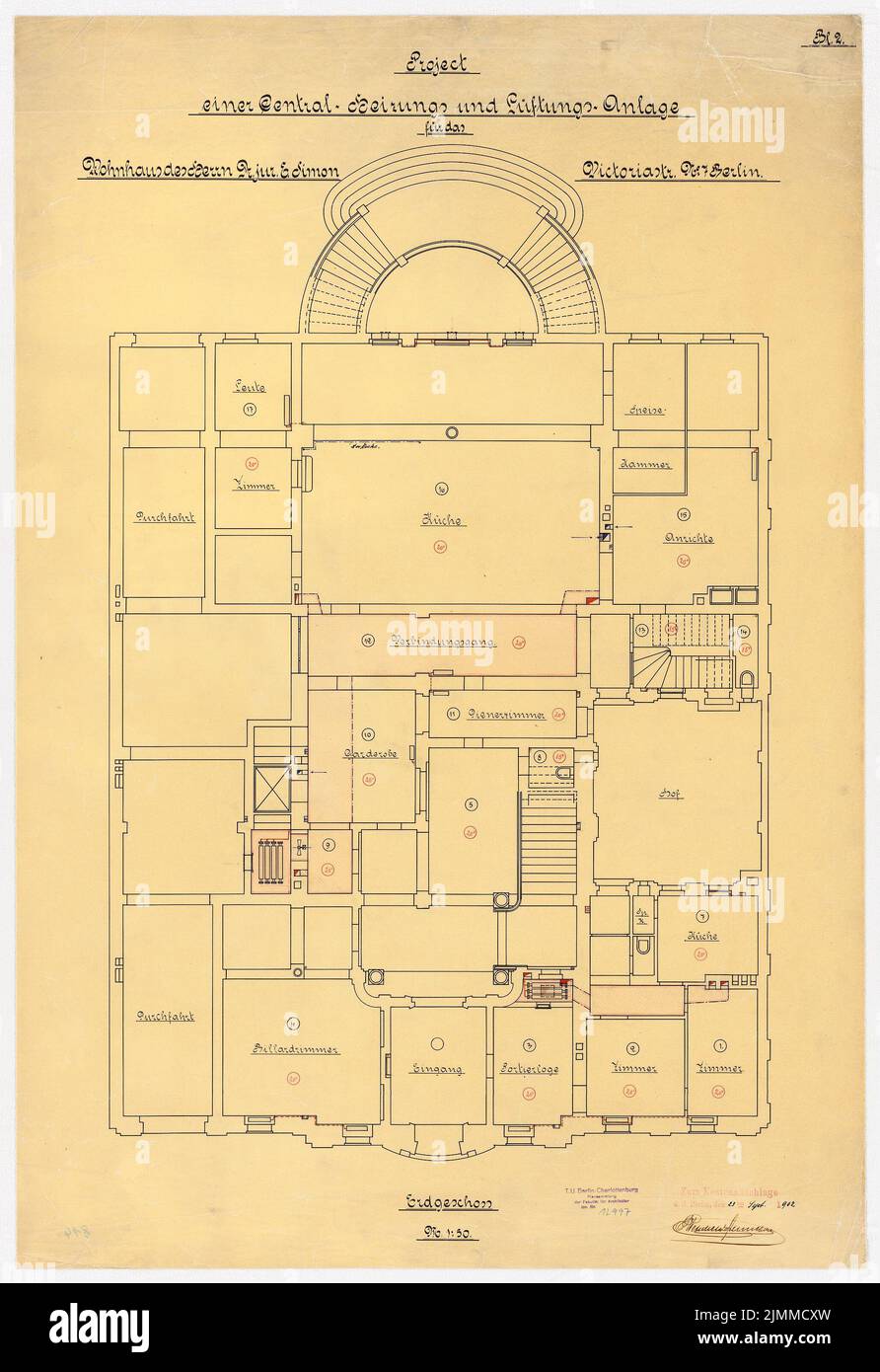 Messel Alfred (1853-1909), Wohnhaus Dr. E. Simon, Berlin (23. September 1902), Zentralheizung und Lüftung im Erdgeschoss 1:50, Tusche, Buntstift, Tusche auf Transparent, TU UB Plan Collection Inv. Nr. 12997 Stockfoto