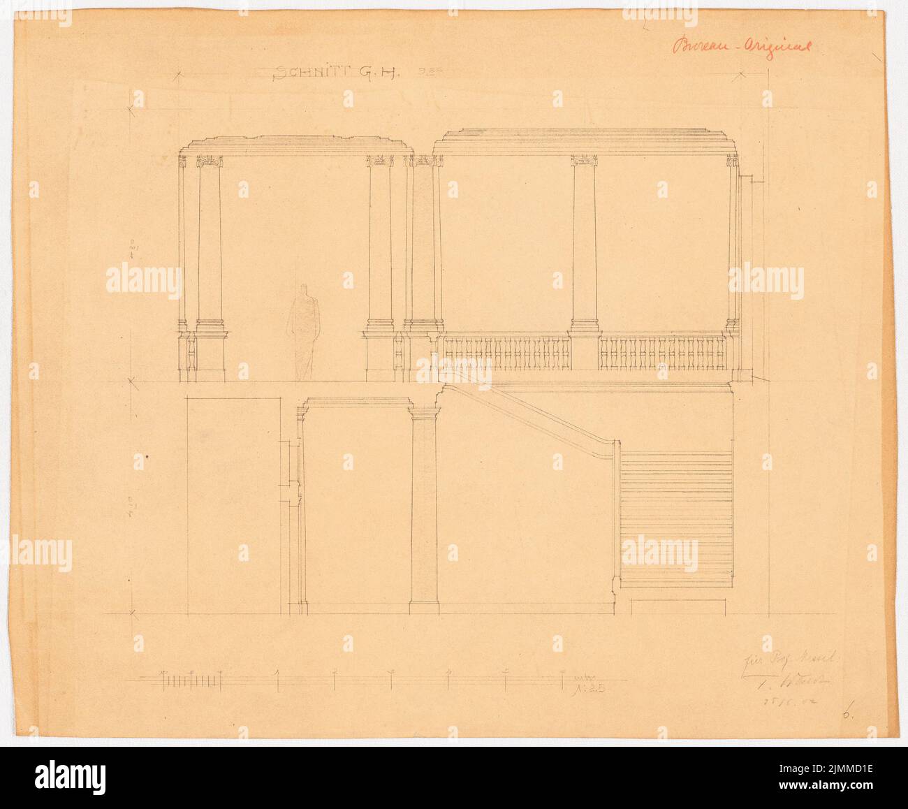 Messel Alfred (1853-1909), Wohnhaus Dr. E. Simon, Berlin (1902-1902), Treppenhaus: Längsschnitt 1:25, leichter Bruch auf Papier, TU UB Plansammlung Inv. Nr. 13012 Stockfoto