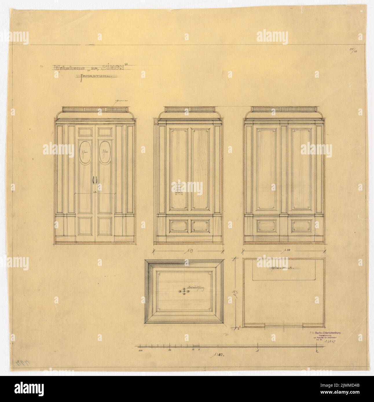 Messel Alfred (1853-1909), Wohnhaus Dr. E. Simon, Berlin (1902-1902), Fahrstuhlkabine 1:10, Bleistift, Buntstift auf Transparent, TU UB Plan Collection Inv. Nr. 13045 Stockfoto