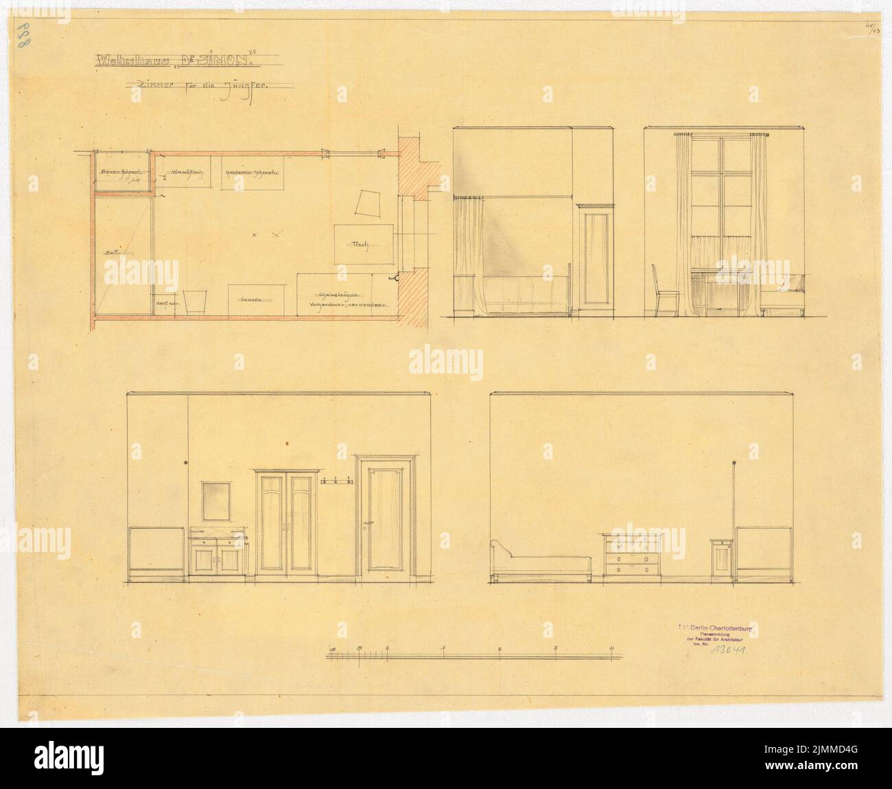 Messel Alfred (1853-1909), Wohnhaus Dr. E. Simon, Berlin (1902-1902), Grundriß und Möbel im Raum für Jungfer und Pädagoge, Bleistift auf Transparent, TU UB Plan Collection Inv. Nr. 13041 Stockfoto