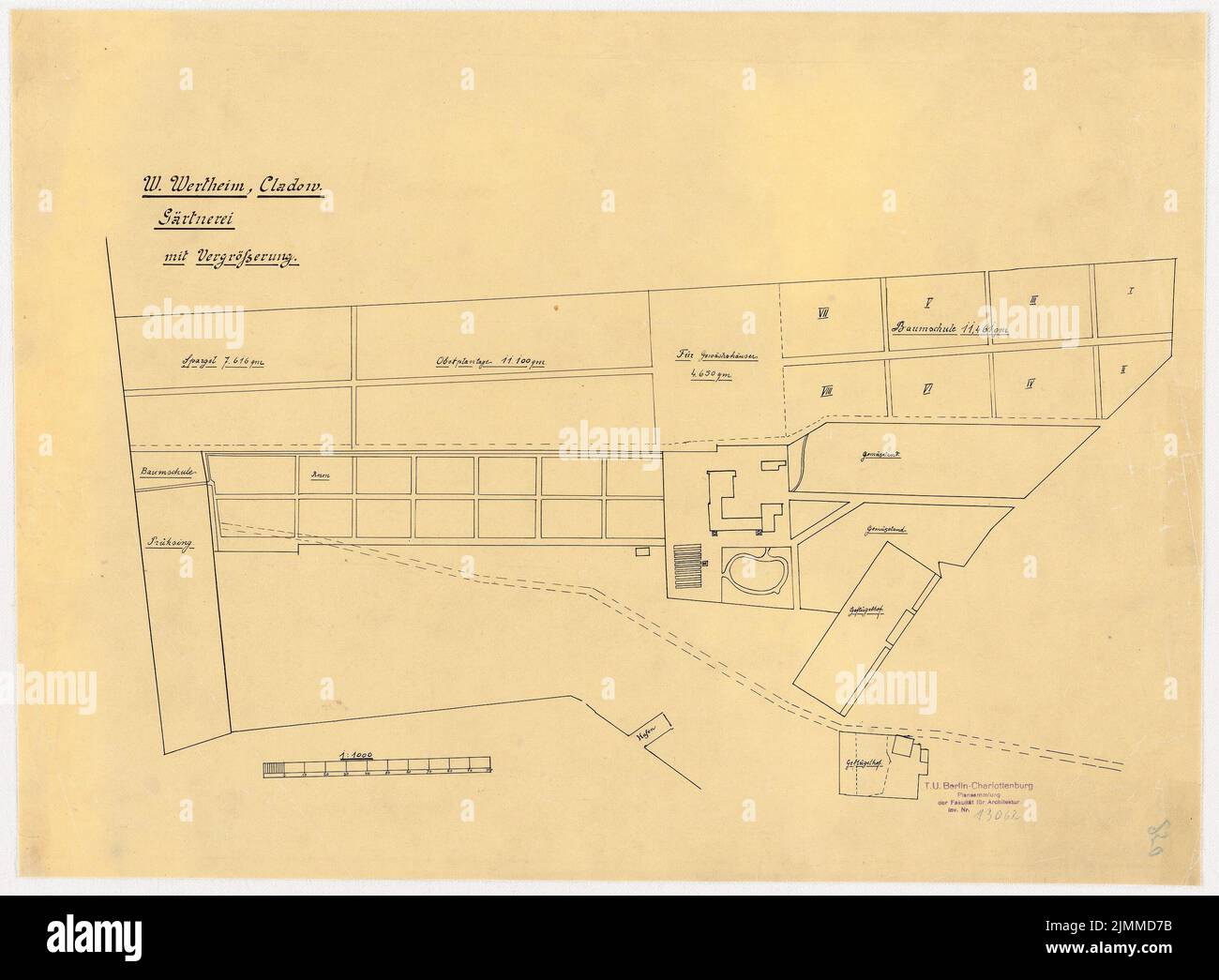 Messel Alfred (1853-1909), Landhaus Wolf Wertheim, Berlin-Kladow (1905-1905), Lageplan des Baumschulsystems 1: 1000, Tusche auf Transparent, TU UB Plansammlung Inv. Nr. 13062 Stockfoto