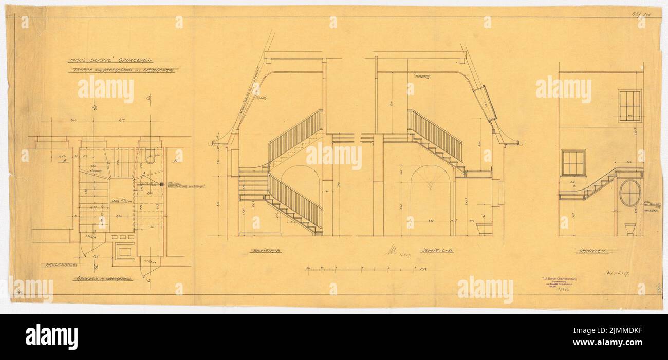 Messel Alfred (1853-1909), Villa Dr. Richard schöne, Berlin-Grunewald (11.09.1907), Treppe OG: Grundriß, Schnitte, 1:25, Bleistift, Buntstift auf Transparent gefärbt, TU UB Plan Collection Inv. Nr. 13172 Stockfoto