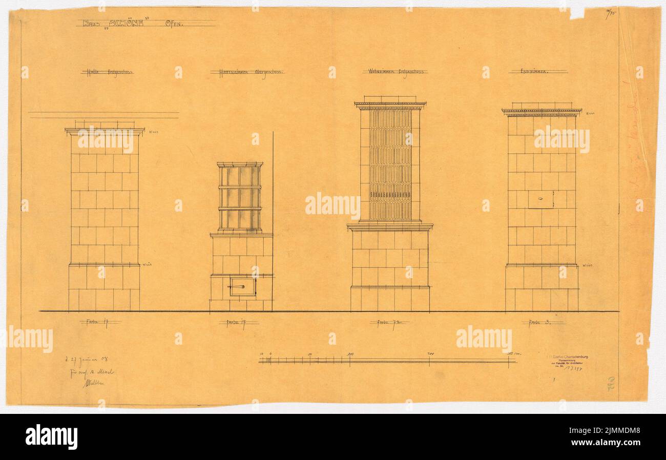 Messel Alfred (1853-1909), Villa Dr. Richard schöne, Berlin-Grunewald (27. Januar 1906), Kachelöfen, Bleistift, Farbstift auf transparentem, TU UB Plan Collection Inv. Nr. 13187 Stockfoto