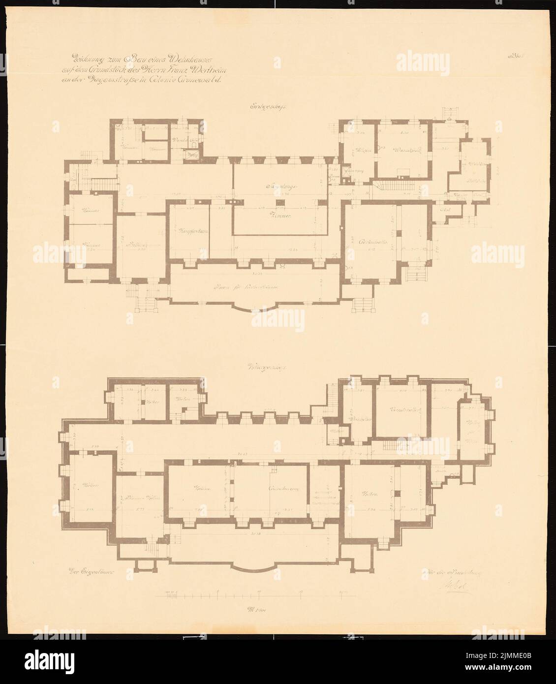 Messel Alfred (1853-1909), Wohnhaus Franz Wertheim, Berlin-Grunewald (1908), Grundrisse KG und EG, 1: 100, Lichtbruch auf Papier, TU UB Plansammlung Inv. Nr. 13246,2 Stockfoto