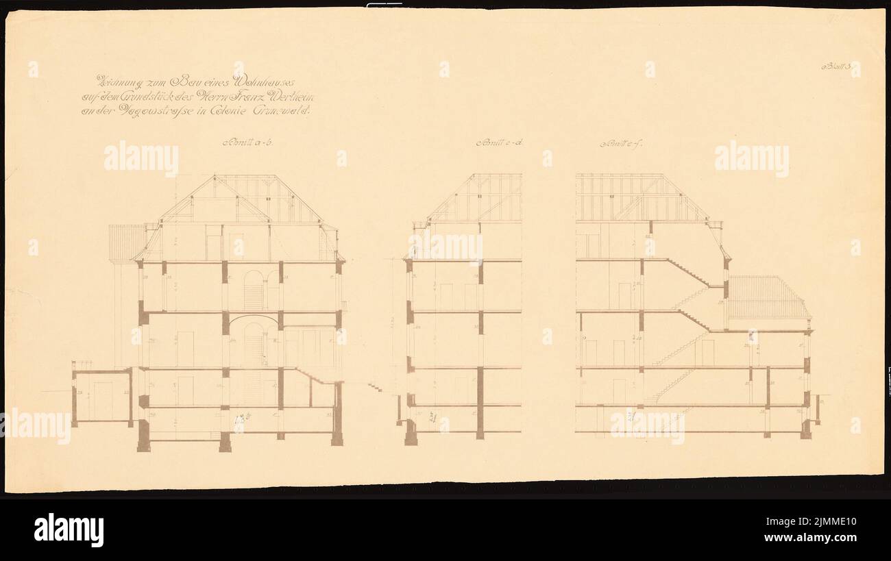 Messel Alfred (1853-1909), Wohnhaus Franz Wertheim, Berlin-Grunewald (1908), 3 Schnitte, 1: 100, leichter Bruch auf Papier, Sammlung TU UB Plan Inv. Nr. 13251 Stockfoto