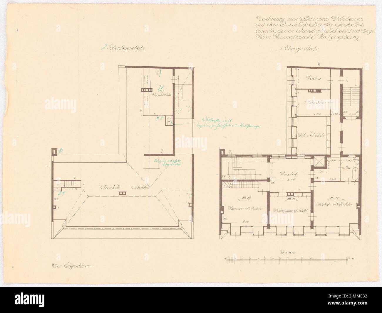 Messel Alfred (1853-1909), Villa E. Kretzer, Berlin (1906-1906), Grundriß 2. OG, 3. OG, Dachgeschoss 1: 100 (aus Inv.Nr. 13276), Tinte farbig auf Papier, TU UB Plan Collection Inv. Nr. 13278,2 Stockfoto