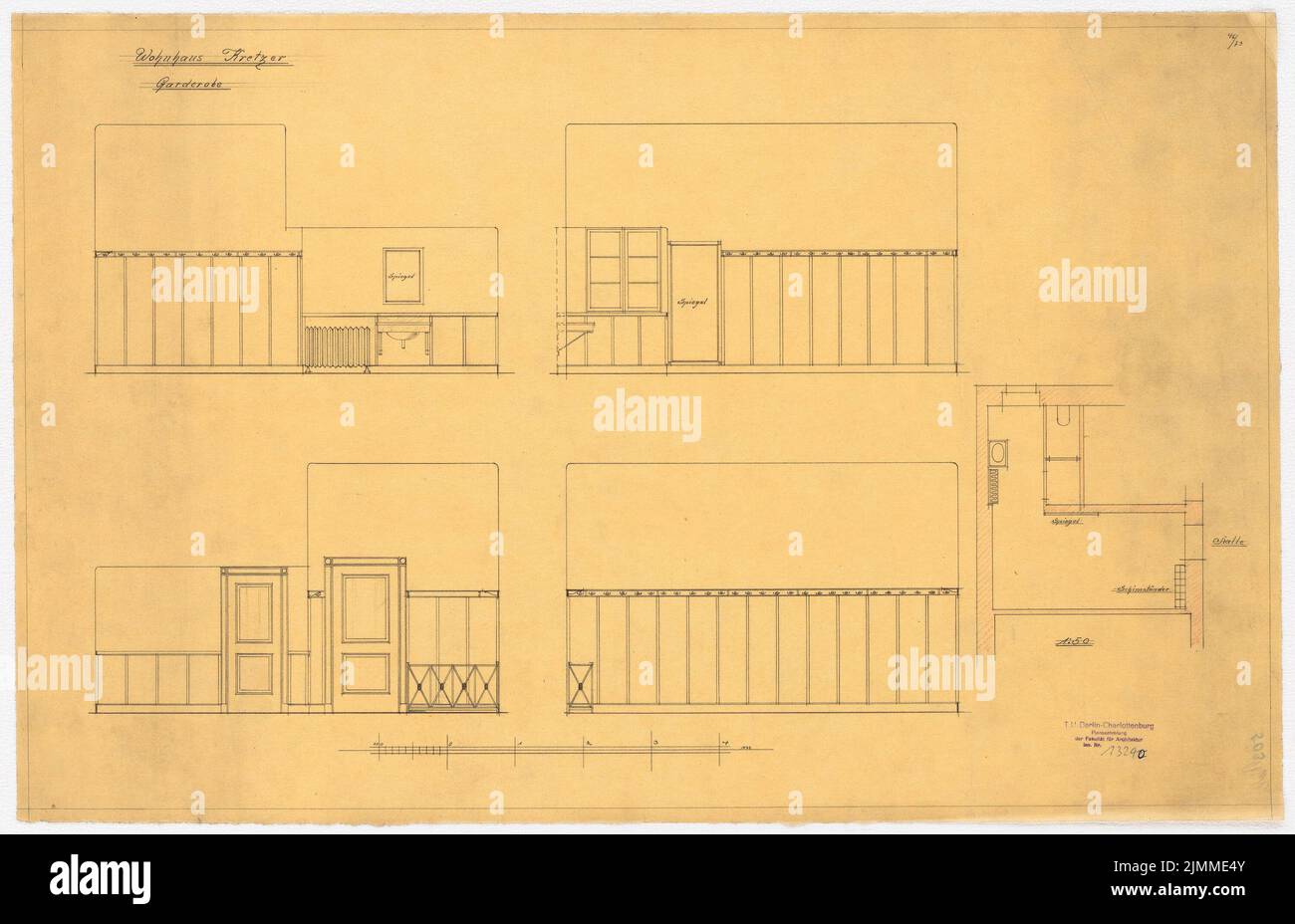 Messel Alfred (1853-1909), Villa E. Kretzer, Berlin (1906-1906), Lageplan 1:50, 4 Aufrufe 1:20, Bleistift, farbiger Bleistift auf transparent, TU UB Plan Collection Inv. Nr. 13290 Stockfoto