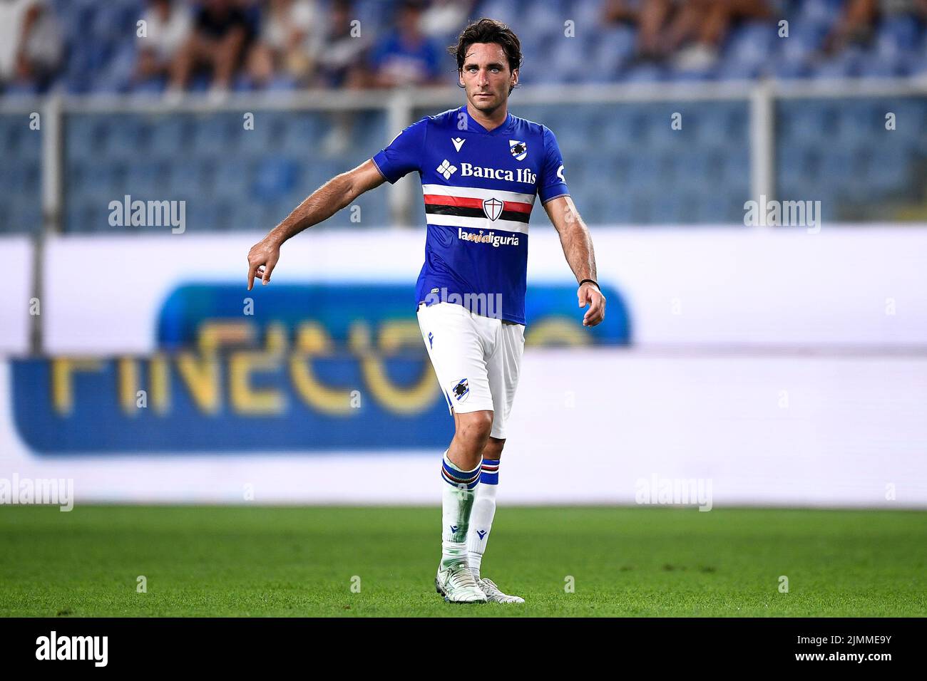 Genua, Italien. 05. August 2022. Tommaso Augello von US Sampdoria Gesten während des Coppa Italia Fußballspiels zwischen UC Sampdoria und Reggina 1914. Kredit: Nicolò Campo/Alamy Live Nachrichten Stockfoto