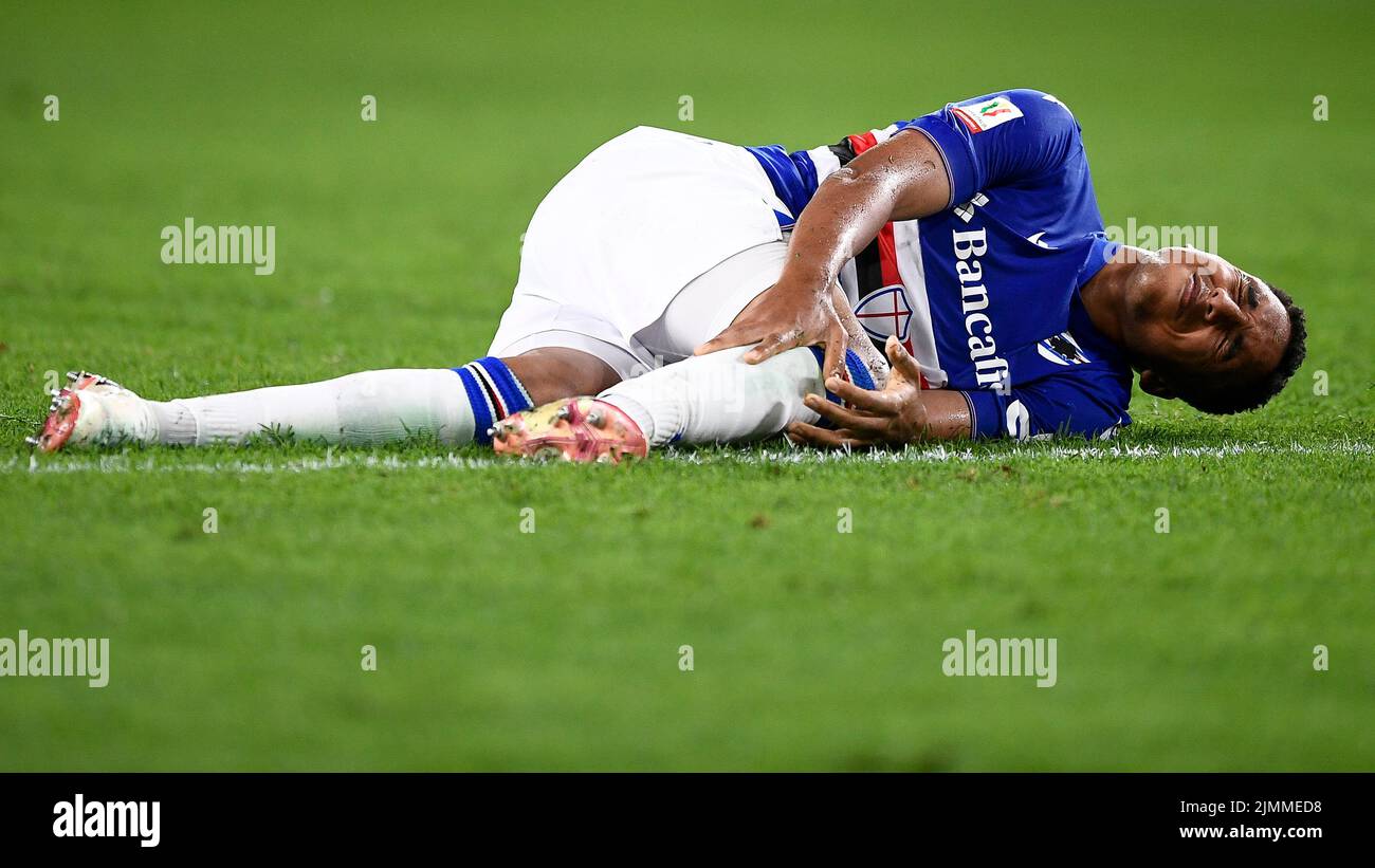 Genua, Italien. 05. August 2022. Abdelhamid sabiri von UC Sampdoria reagiert während des Fußballspiels von Coppa Italia zwischen UC Sampdoria und Reggina 1914. Kredit: Nicolò Campo/Alamy Live Nachrichten Stockfoto