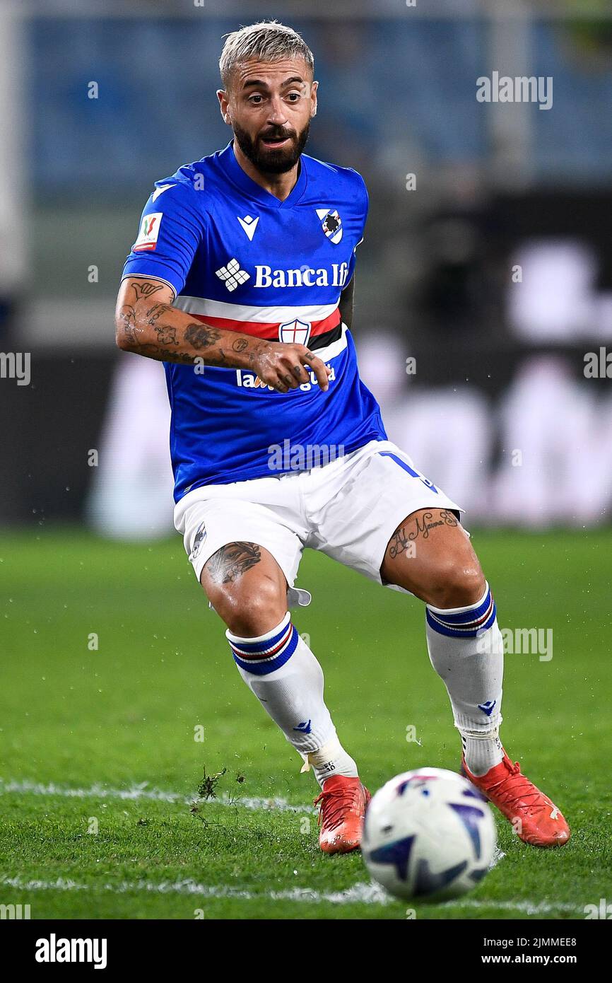 Genua, Italien. 05. August 2022. Francesco Caputo von US Sampdoria in Aktion während des Fußballspiels von Coppa Italia zwischen UC Sampdoria und Reggina 1914. Kredit: Nicolò Campo/Alamy Live Nachrichten Stockfoto