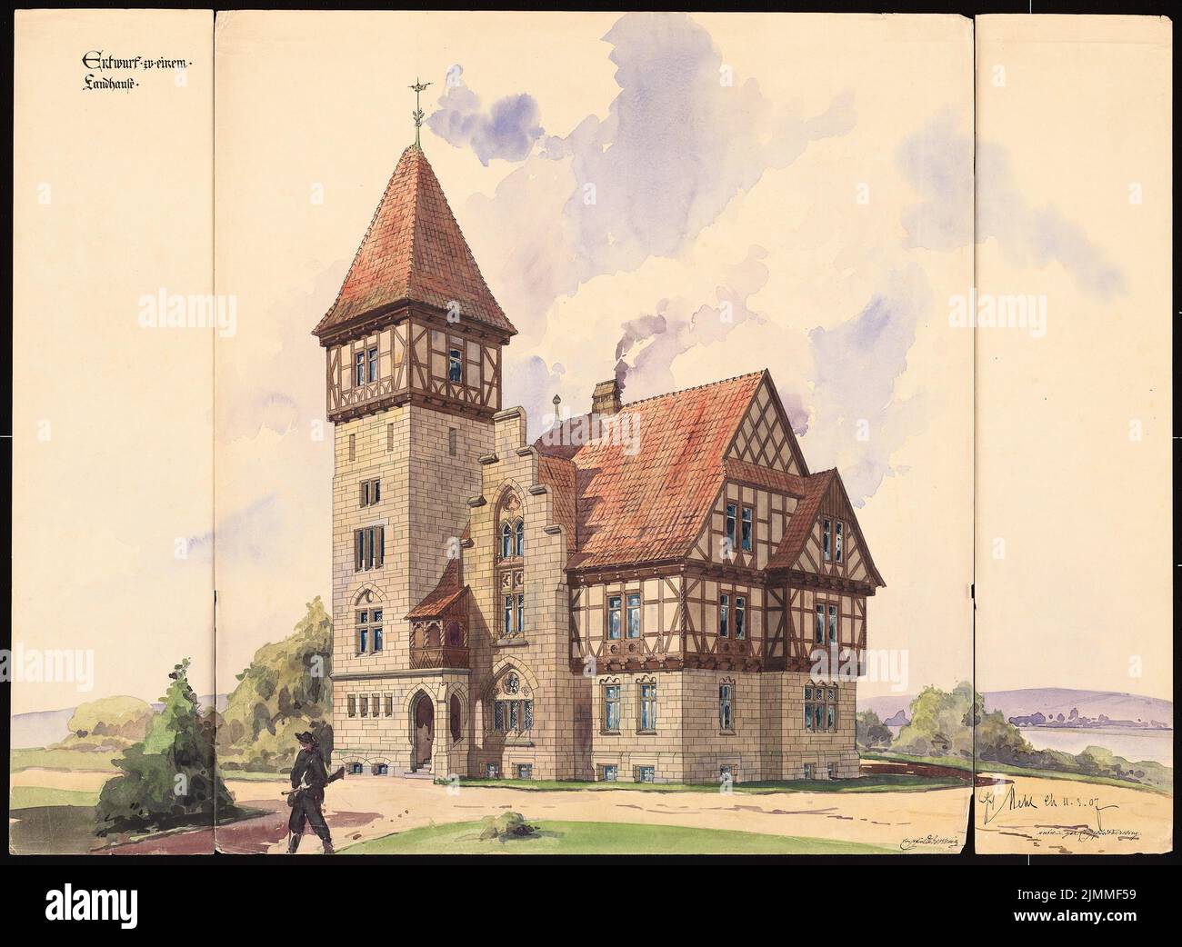 Berking Ernst Ferdinand, Landhaus (11.03.1907), Perspektivansicht, Tusche Aquarell auf Karton, TU UB Plan Sammlung Inv. Nr. 13494 Stockfoto