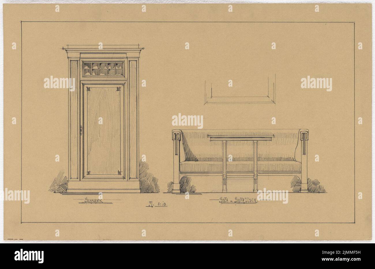 Messel Alfred (1853-1909), Wandansichten (ohne Datum), Wandansichten mit Möbeln 1:10, Bleistift auf Karton, Sammlung TU UB Plan Inv. Nr. 13492 Stockfoto